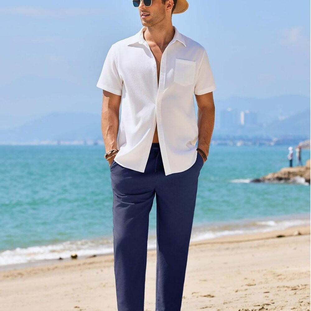 Men’s Linen Casual Pants Elastic Drawstring Trousers